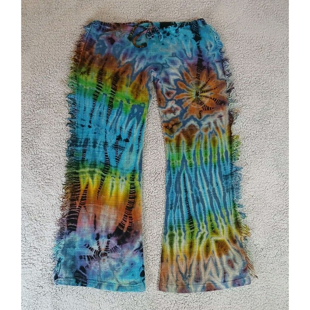 Gypsy Rose Tie Dye Wide Leg Size Large Pull On Hippie Fringe Tie Front